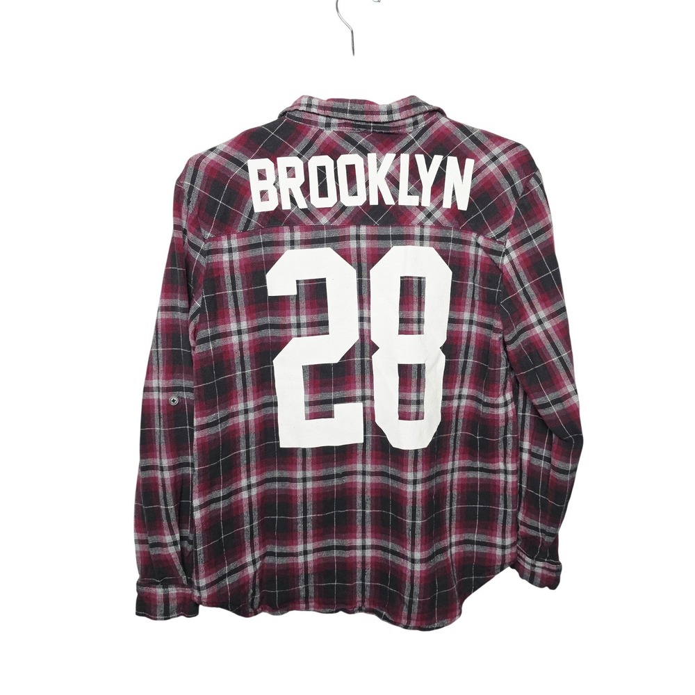 Polly & Esther Flannel Shirt Women Size M Red Plaid Brooklyn 28 Graphic Back